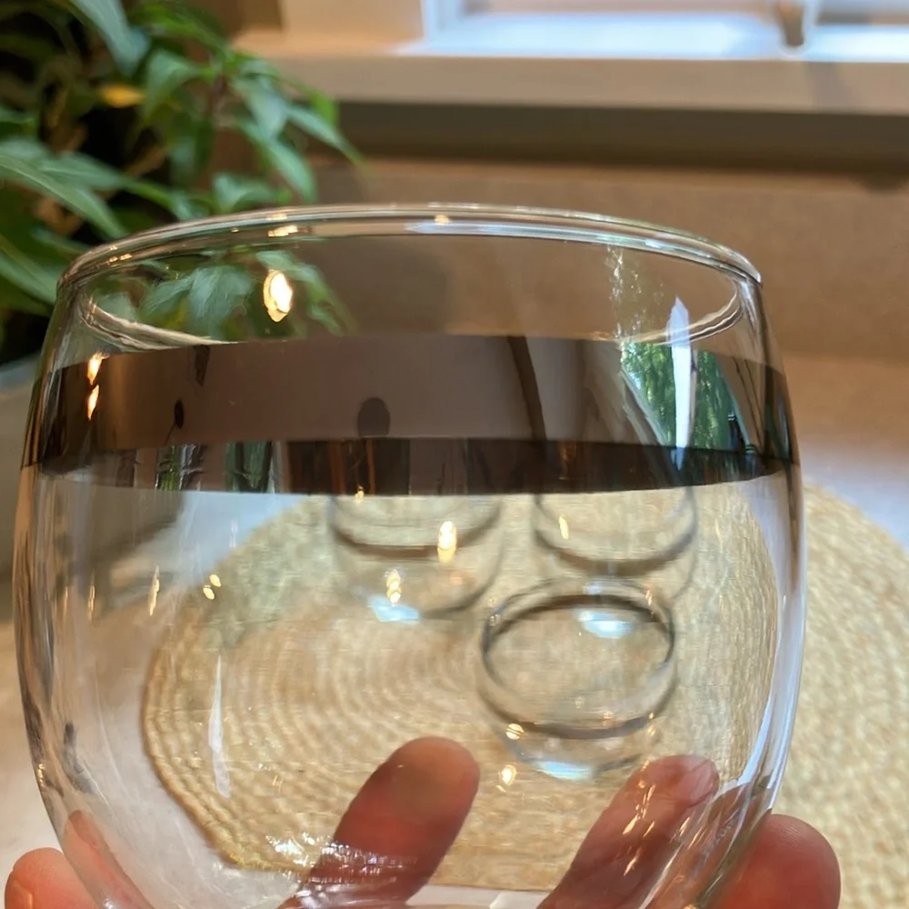 Set of (4) Vintage MCM Silver Stripe Roly Poly Glasses